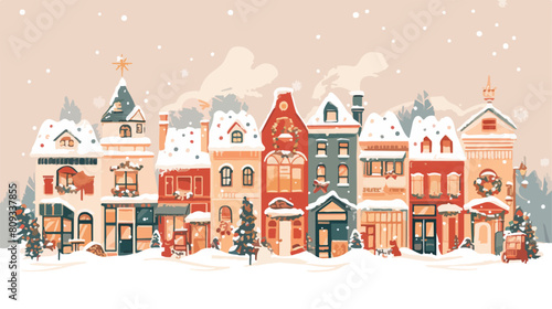 Snowy cityscape or landscape with town. City street © Photo