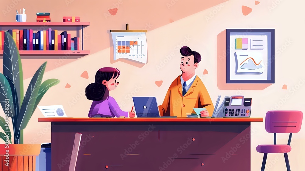 Fototapeta premium Financial Representative Essentials: Desk, Laptop, and Financial Charts