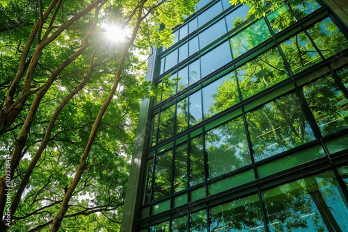 Modern Green Glass Office Building Surrounded by Trees in Sunlight