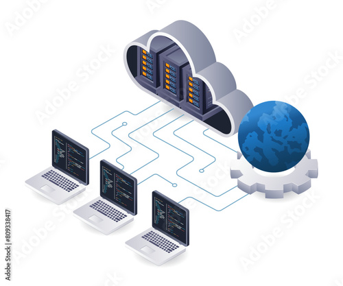Computer network programmer cloud server technology analyst infographic 3d illustration flat isometric