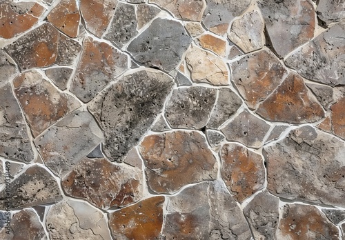 High-resolution image capturing the natural beauty and diversity of a rustic stone wall with varying shapes, sizes, and shades of brown and grey, ideal for backgrounds or design elements photo