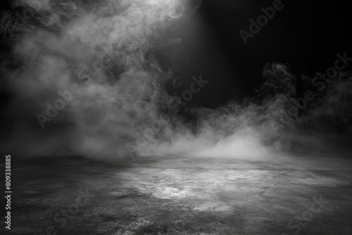 Atmospheric smoke swirls across a dark, desolate stage with a spotlight, creating a moody and enigmatic scene, perfect for backgrounds or setting a dramatic tone in various visual compositions