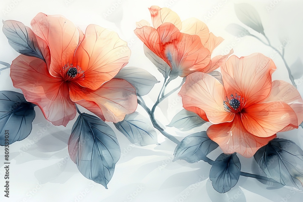 Beautiful and airy, light and delicate, soft watercolor style illustration of ethereal flowers with a white background. 