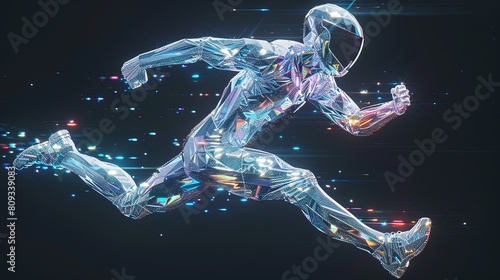3D render a figure clad in gleaming plastic aluminum or chrome attire, complete with a dazzling iridescent helmet and footwear photo