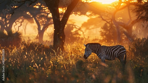 Africa sunset. Plains zebra, Equus quagga, in the grassy nature habitat with evening light in Lake Mburo NP in Uganda. Sunset in savanah. Animals with big trees. photo