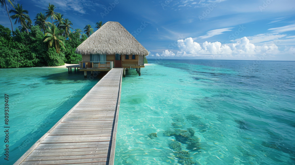 Panoramic view of a luxurious tropical beach resort with a thatched hut over crystal-clear turquoise waters.