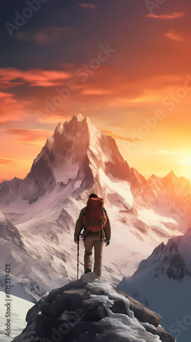 A climber stands on the top of a mountain