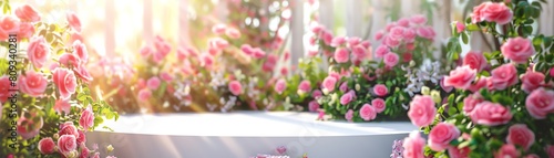 Circular podium amidst a lush arrangement of pink roses, soft natural light, highkey photography photo