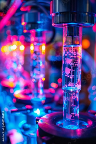 Lab equipment filled with vibrant chemicals glows under bright blue and pink lights