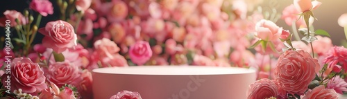Round podium surrounded by blooming pink roses, softfocused floral background, bright natural light, highangle shot photo