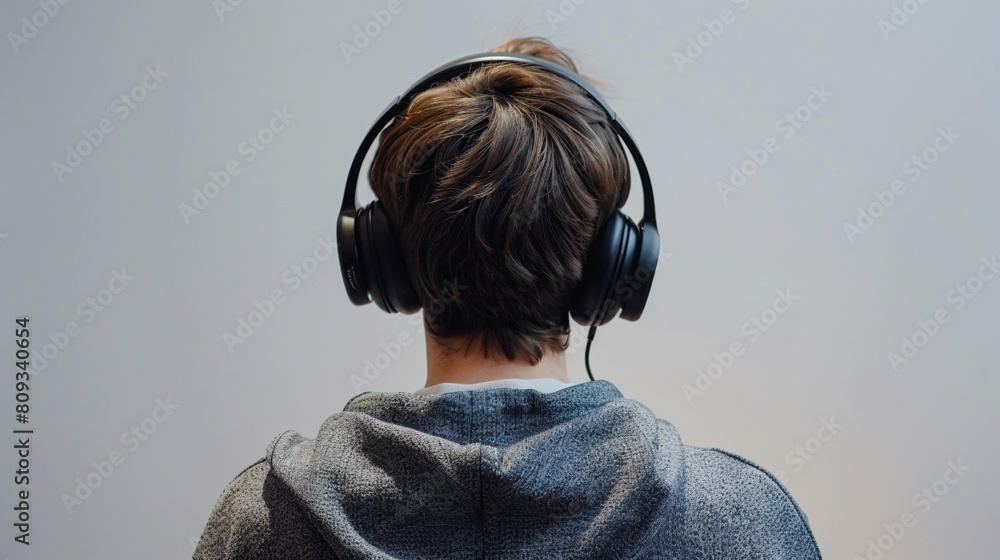 Young Man Wearing Headphones, Rear View in Modern Casual Clothing
Young Man Wearing Headphones, Rear View in Modern Casual Clothing