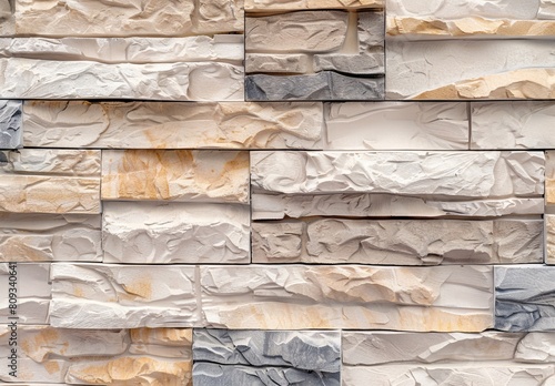 High-resolution image of a modern stone wall cladding with a detailed texture, showcasing various shades of beige, white, and gray in a contemporary design pattern