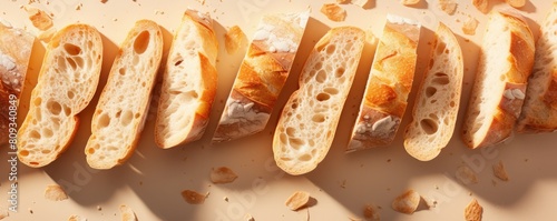 Image shows slices of fresh crispy tasty bread on a wooden board.