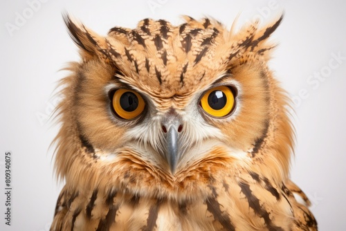 An owl with big yellow eyes and a brown body.