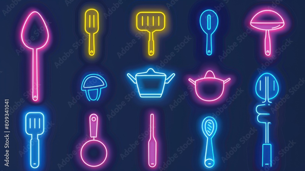 A neon sign of kitchen utensils including a spoon, spatula, knife, and ladle A neon sign of kitchen utensils including a spoon, spatula, knife, and ladle