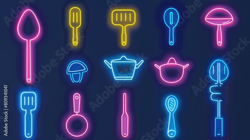 A neon sign of kitchen utensils including a spoon, spatula, knife, and ladle
