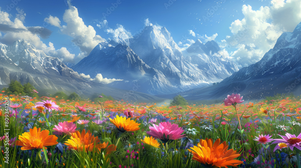 Vivid mountain landscape with a colorful meadow full of flowers under a clear sky.