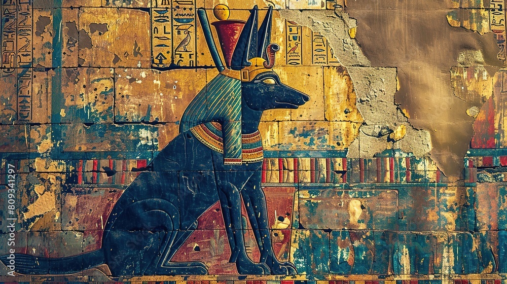 Fototapeta premium ncient egypt color image of anubis on wall in luxor