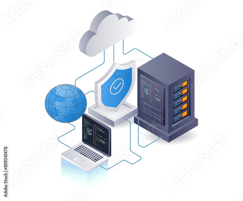 Cloud server security analyst, infographic 3d illustration flat isometric