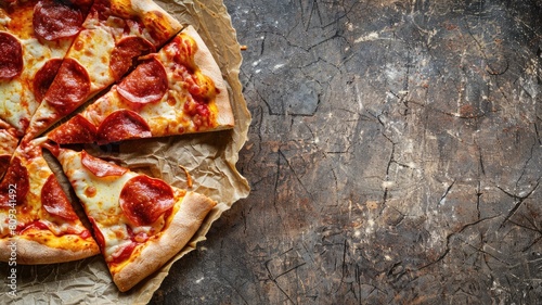 Pepperoni pizza with one slice partially removed, on rustic surface
