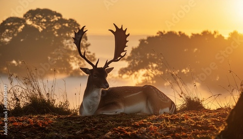sunrise a fallow deer buck resting one autumn morning