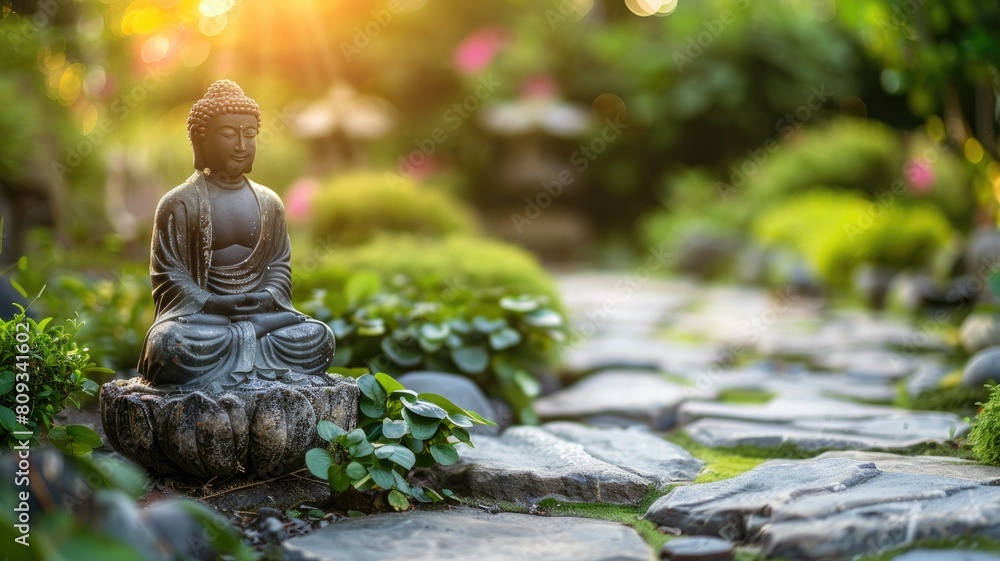 Serene Buddha statue in peaceful garden setting with lush greenery and sunlight