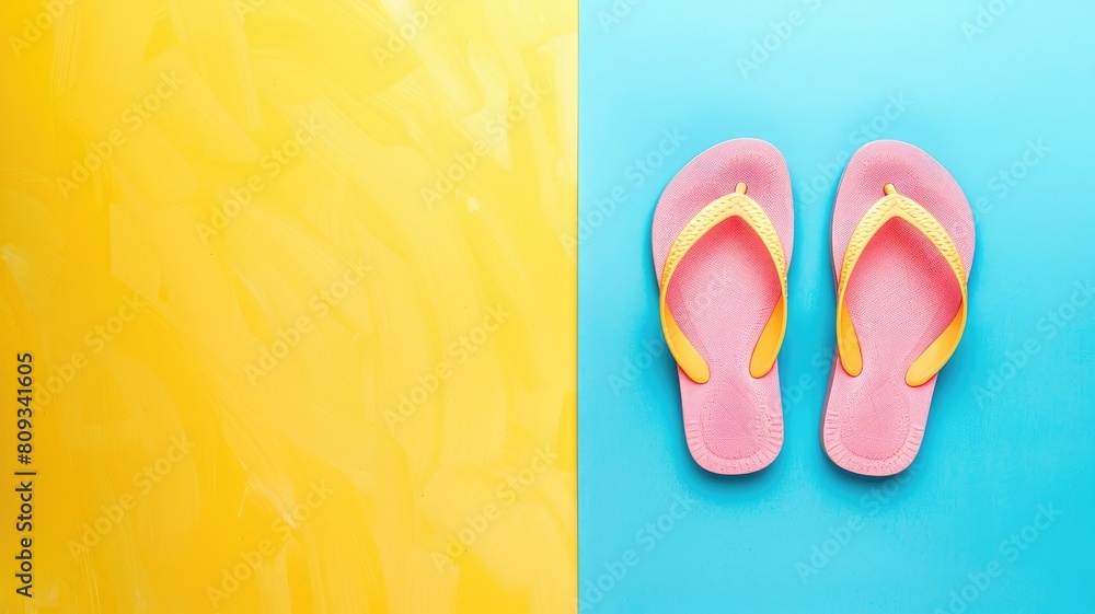 Pink flip-flops on yellow and blue background Pink flip-flops on yellow and blue background