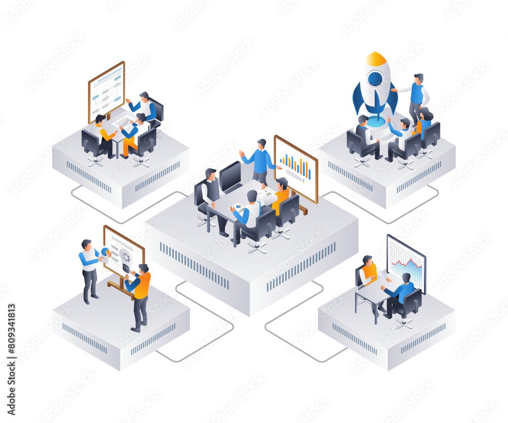 Company work team creates product, flat isometric 3d illustration infographic Company work team creates product, flat isometric 3d illustration infographic