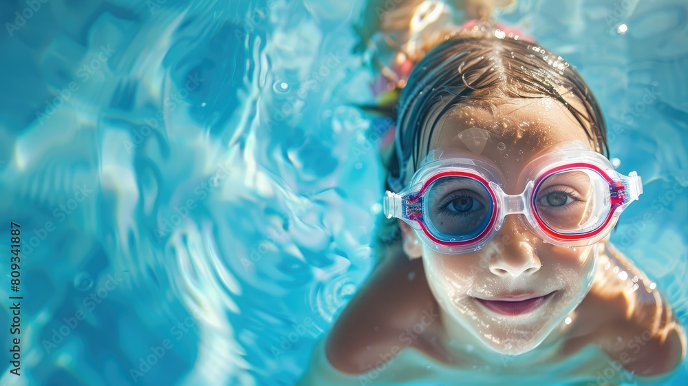 Fototapeta premium Child swimming underwater in pool with goggles