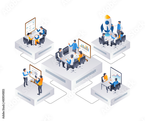 Company work team creates product, flat isometric 3d illustration infographic