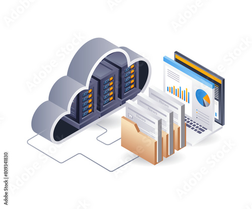 Computer cloud data server, infographic 3d illustration flat isometric