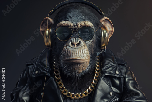 A chimpanzee wearing a black leather jacket, a gold chain around his neck and sunglasses with headphones on his head. Portrait of a hip hop monkey © Ikhou