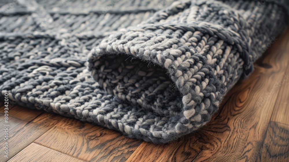 Close-up of chunky grey knitted blanket on wooden floor Close-up of chunky grey knitted blanket on wooden floor