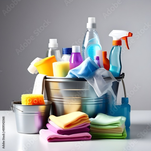  cleaning items n bucket isolated on white.
