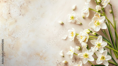 White flowers with yellow centers arranged on textured beige background