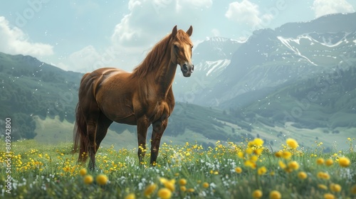 A chestnut horse in a meadow with yellow flowers against a mountainous background  portraying the concept of nature and wildlife. Generative AI realistic
