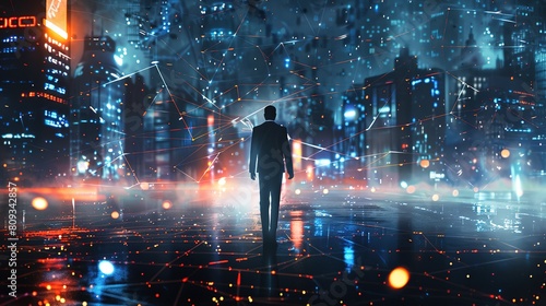 Business technology concept, Professional business man walking on future network city background and futuristic interface graphic at night, Cyberpunk color