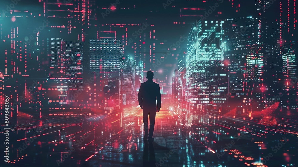 Business technology concept, Professional business man walking on future network city background and futuristic interface graphic at night, Cyberpunk color Business technology concept, Professional business man walking on future network city background and futuristic interface graphic at night, Cyberpunk color
