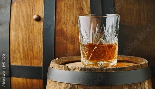 modern crystal glass of whiskey no ice on a vintage oak wooden barrel