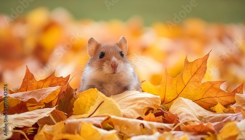 a small rodent sitting on top of a pile of leaves in the middle of a field of yellow leaves