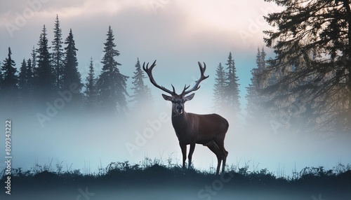 horizontal banner silhouette of deer standing on meadow in forrest silhouette of animal trees grass magical misty landscape fog blue and gray illustration bookmark