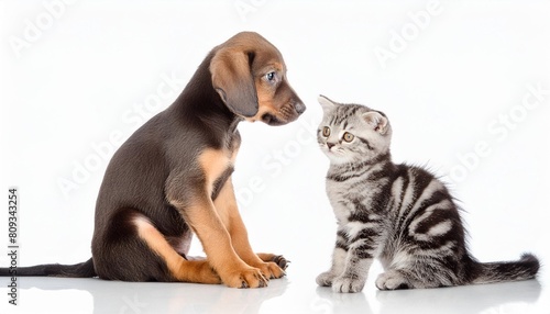 slovakian hound puppy and scottish straight kitten side view isolated on a white background photo