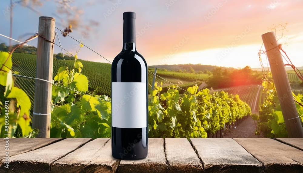 red wine bottle mock up empty white label product promotion advertising vineyards at sunset