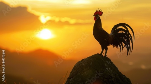A rooster stands on a rock in front of a sunset