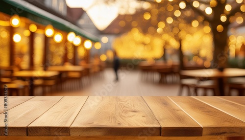 empty table to showcase your product against the background of a blurred cafe golden bokeh high quality photo