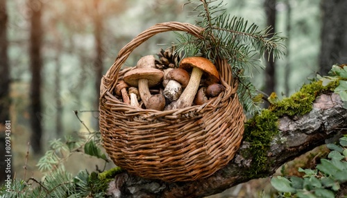 wicker basket with fresh edible mushrooms close up on tree branch abstract forest background beautiful image of wild nature harvest season picking fungi wild forest aesthetic template for design