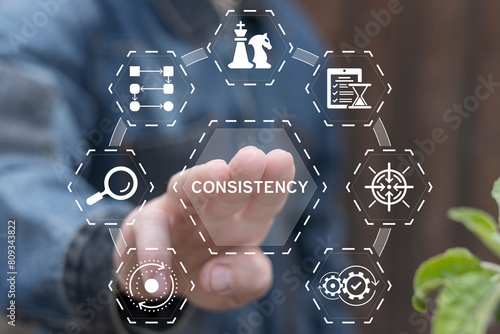 Obraz na płótnie Man working on virtual touch screen presses word: CONSISTENCY. Consistency key to success, focus business strategy to repeatedly deliver work done. Personal development or career growth. w salonie