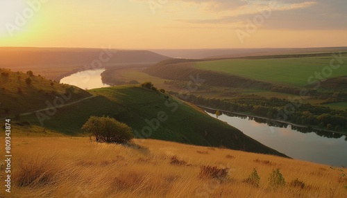 colorful sunset and hilly meadow in golden evening light near dniester river ukraine europe photo