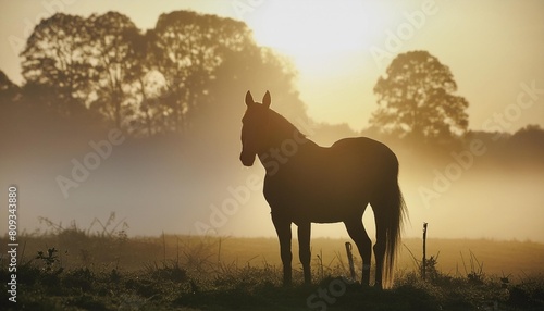 rural landscape horse silhouette in the pasture on a foggy morning sunrise in the countryside