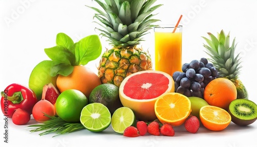 group of tropical fresh fruits and vegetables isolated on white background